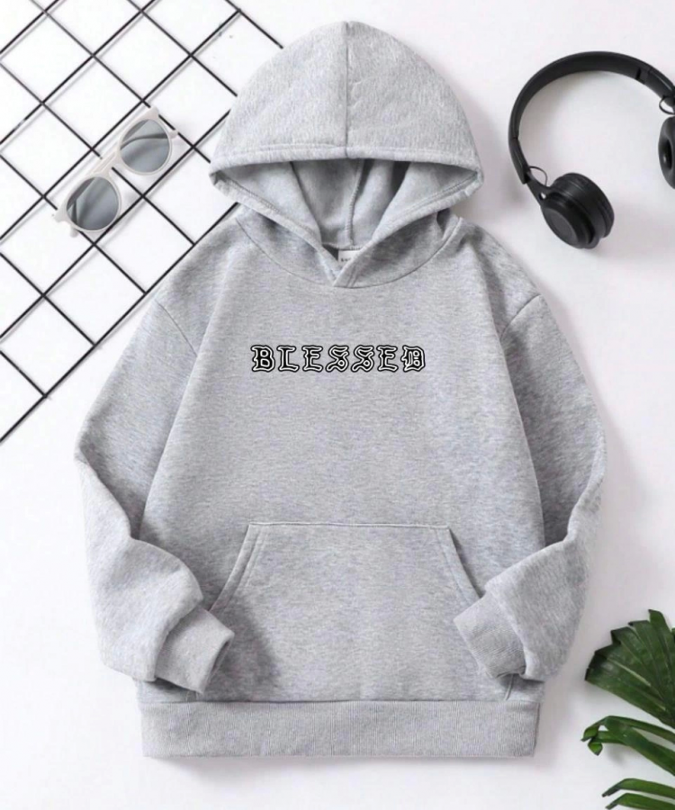 Çocuk Unisex Kapüşonlu Ön ve Arka Blessed Baskılı Pamuklu Sweatshirt - Gri