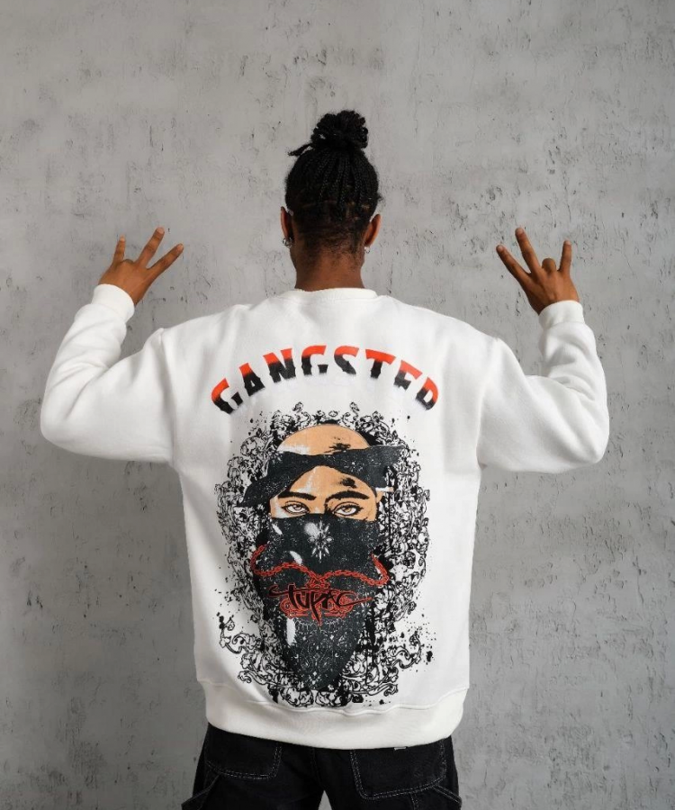 Erkek 3 İplik Gangster Baskılı Sweatshirt - Beyaz