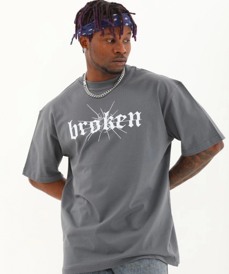 Unisex Oversize Baskılı Bisiklet Yaka T-Shirt - Füme