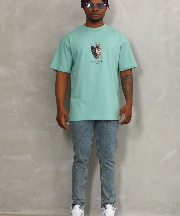 Unisex Oversize Baskılı Bisiklet Yaka T-Shirt - Mint Yeşili