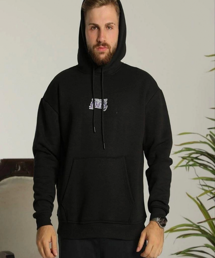 Erkek Baskılı Oversize Üç İplik Kapüşonlu Sweatshirt - Siyah