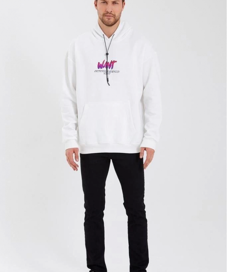 Erkek Baskılı Üç İplik Kapüşonlu Oversize Sweatshirt - Beyaz