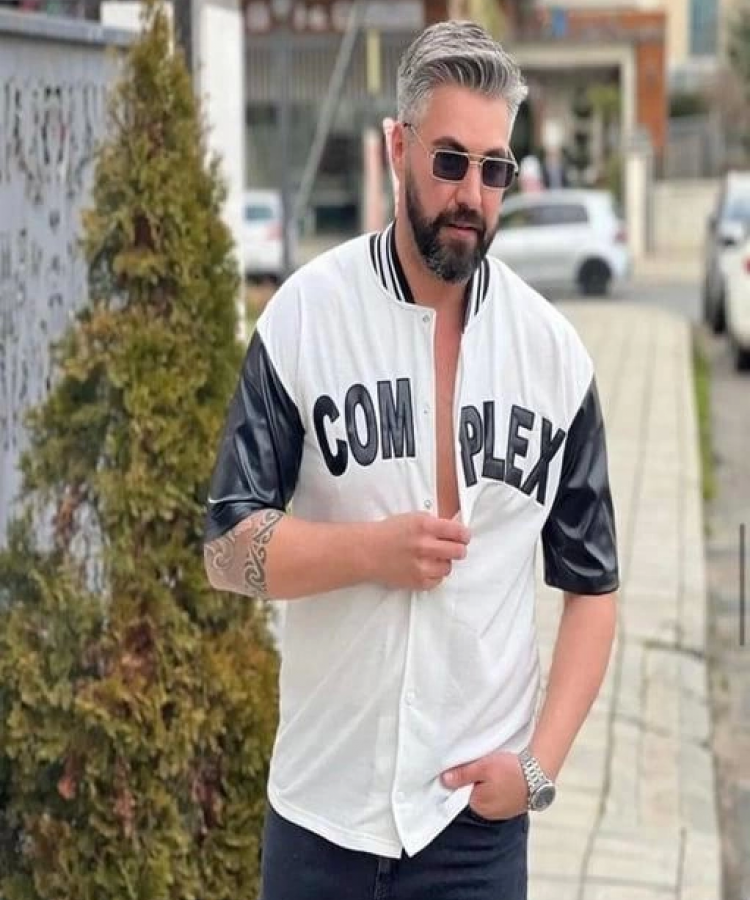 Erkek Complex Kolları Deri Kolej Oversize T-Shirt - Beyaz