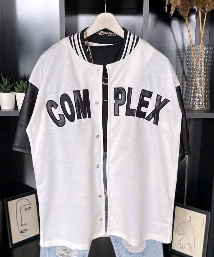 Erkek Complex Kolları Deri Kolej Oversize T-Shirt - Beyaz