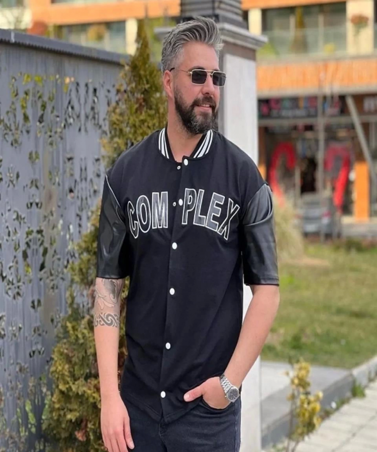 Erkek Complex Kolları Deri Kolej Oversize T-shirt - Siyah