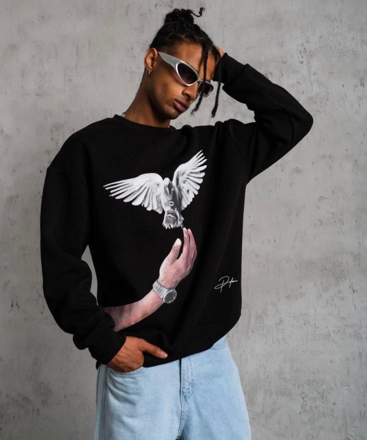 Erkek Güvercin Baskılı Sweatshirt - Siyah