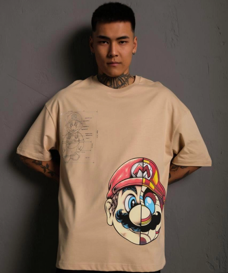 Erkek Mario Baskılı Oversize T-Shirt - Bej