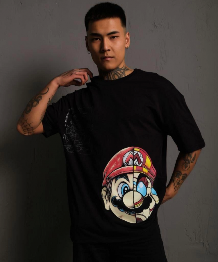 Erkek Mario Baskılı Oversize T-Shirt - Siyah