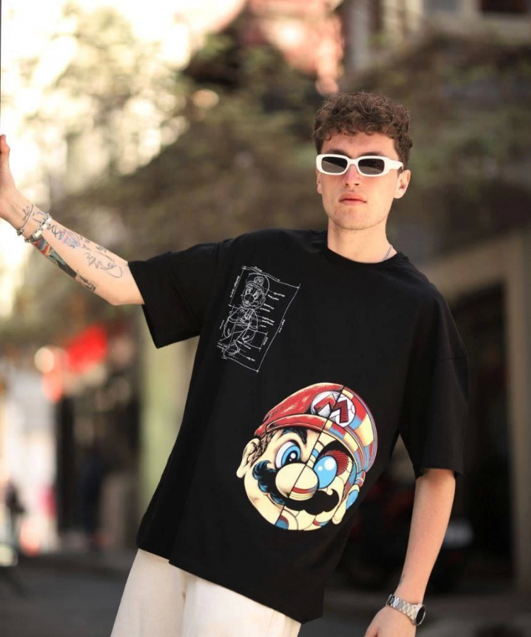 Erkek Mario Baskılı Oversize T-Shirt - Siyah