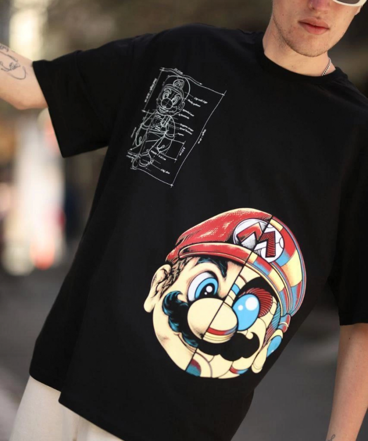 Erkek Mario Baskılı Oversize T-Shirt - Siyah