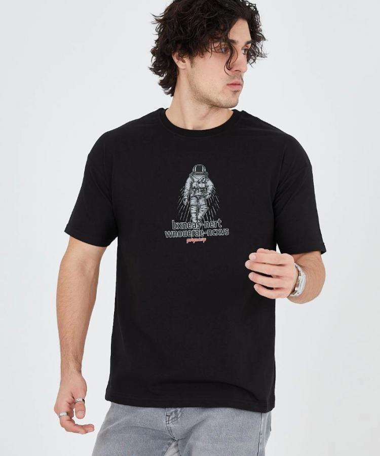 Erkek Penye Baskılı T-Shirt - Siyah