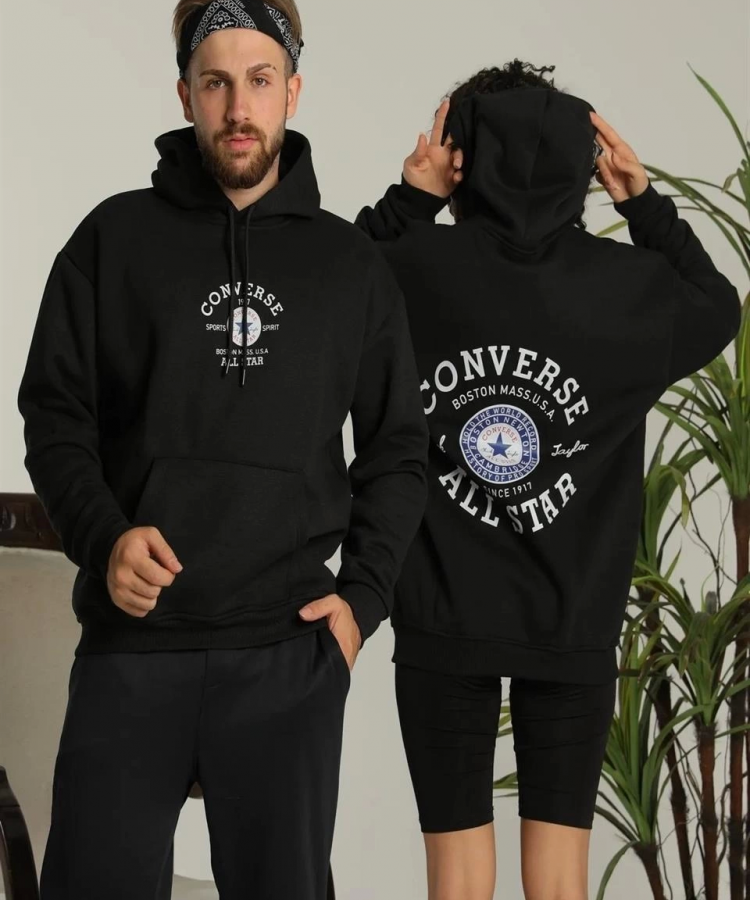 Erkek Sırt Baskılı Oversize Üç İplik Kapüşonlu Hoodie Sweatshirt - Siyah