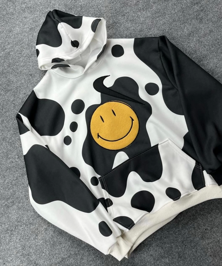 Erkek Smiley Face Kapüşonlu Sweatshirt - Siyah