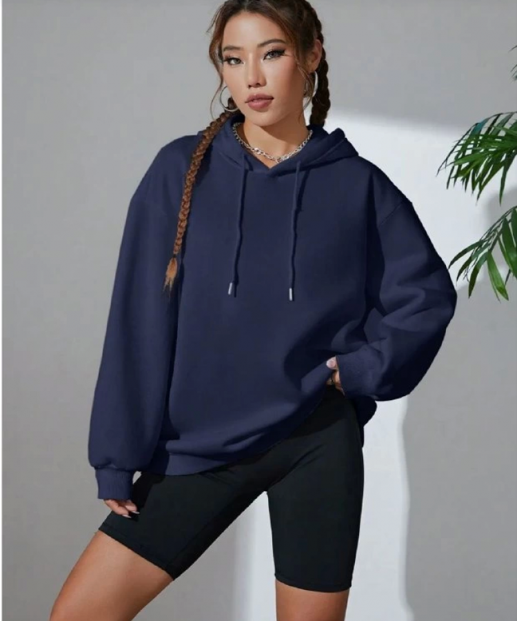 Kadın Uzun Kol Kapşonlu Basic Sweatshirt hoodie - Lacivert