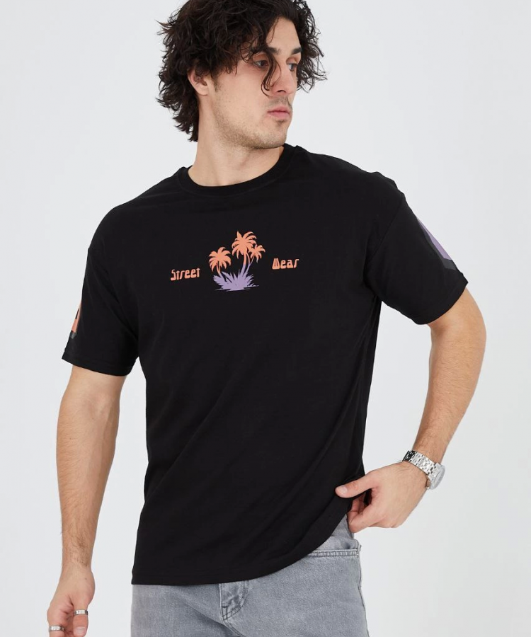 Erkek Ön ve Arka Baskılı T-Shirt - Siyah