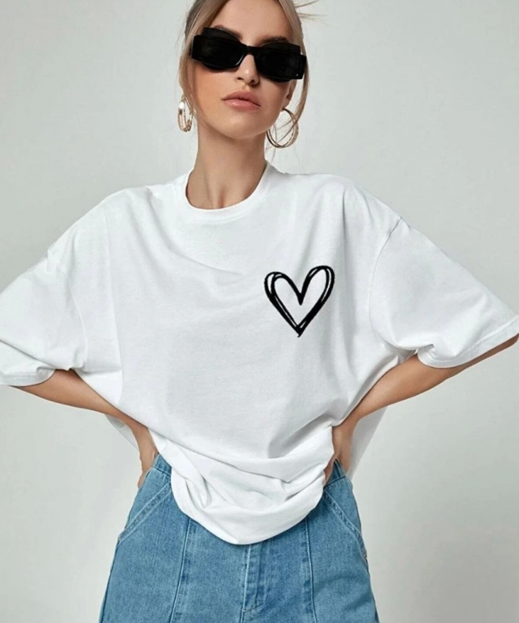 Kadın Bisiklet Yaka Baskılı Oversize T-Shirt - Beyaz