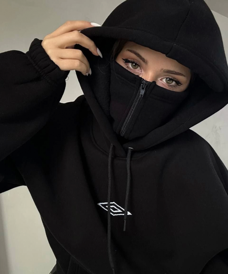 Kadın Çift Kapüşonlu Maskeli Fermuarlı Sweatshirt - Siyah