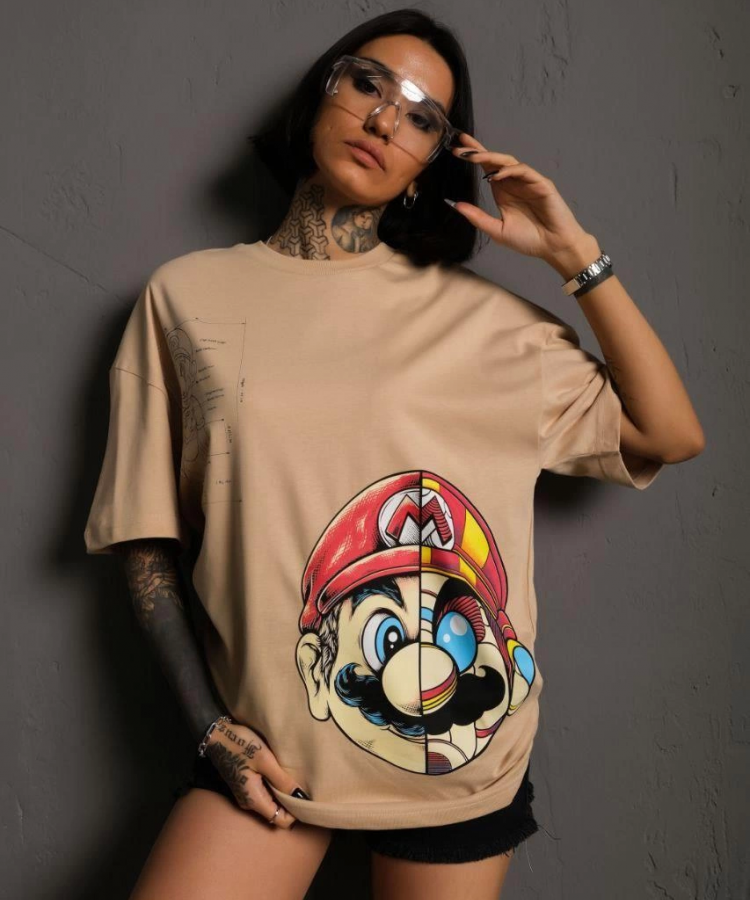 Kadın Mario Baskılı Oversize T-Shirt - Bej