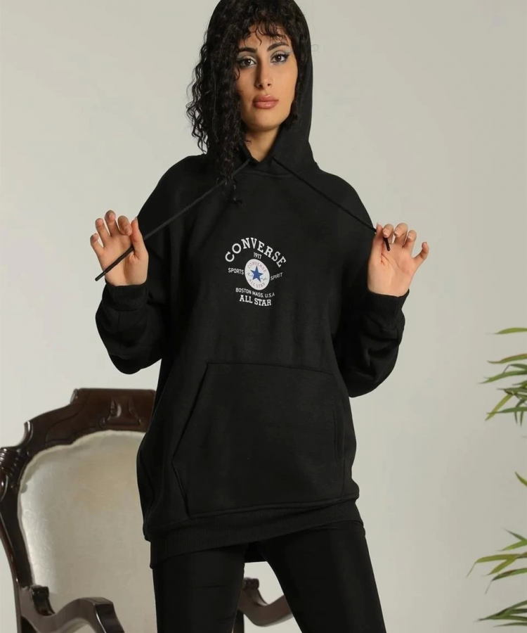 Kadın Sırt Baskılı Oversize Üç İplik Kapüşonlu Sweatshirt - Siyah