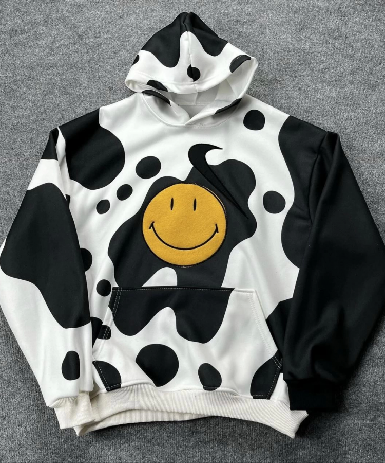 Kadın Smiley Face Kapüşonlu Sweatshirt - Siyah