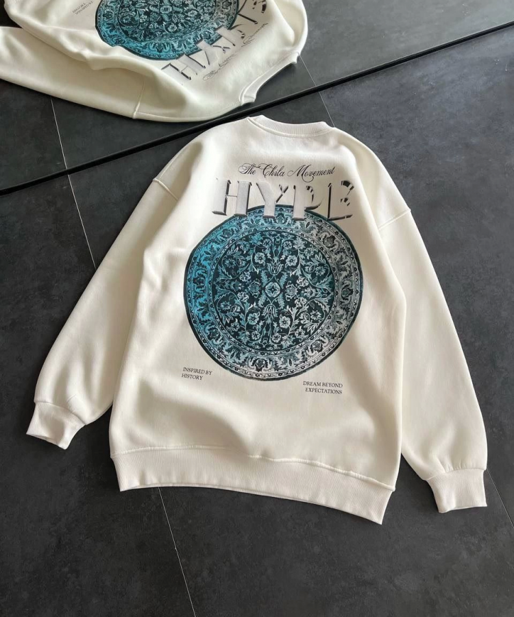 Kadın Üç İplik Bisiklet Yaka Baskılı SweatShirt - Beyaz