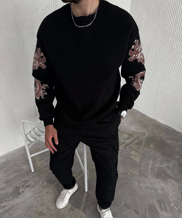 Kışlık Bisiklet Yaka Baskılı SweatShirt - Siyah