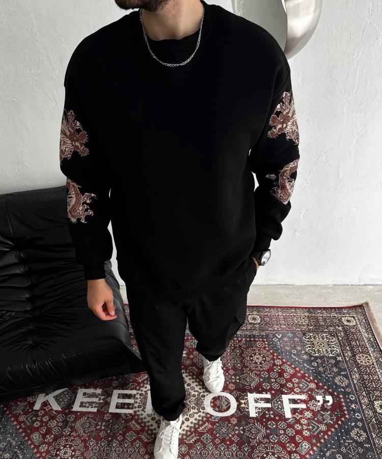 Kışlık Bisiklet Yaka Baskılı SweatShirt - Siyah