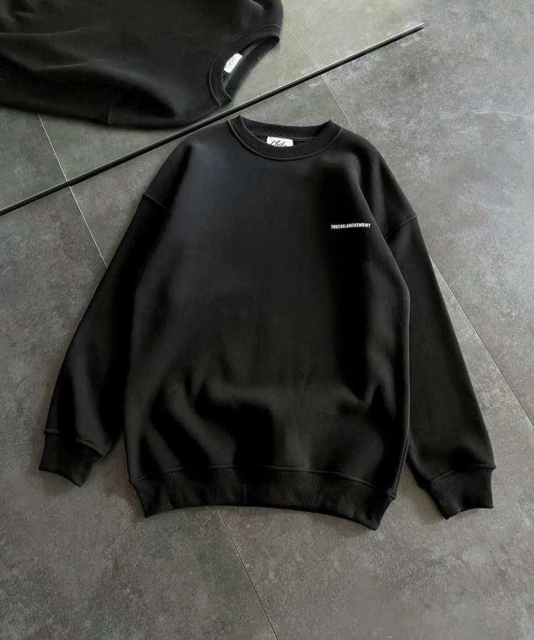 Kışlık Bisiklet Yaka Oversize Baskılı SweatShirt - Siyah