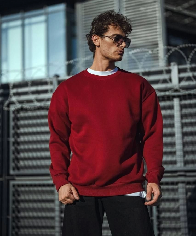 Kışlık Bisiklet Yaka Üç İplik Basic SweatShirt - Bordo