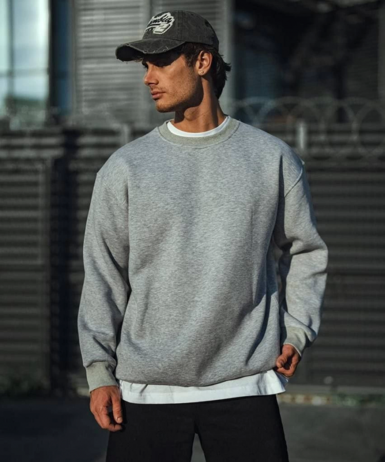 Kışlık Bisiklet Yaka Üç İplik Basic SweatShirt - Gri