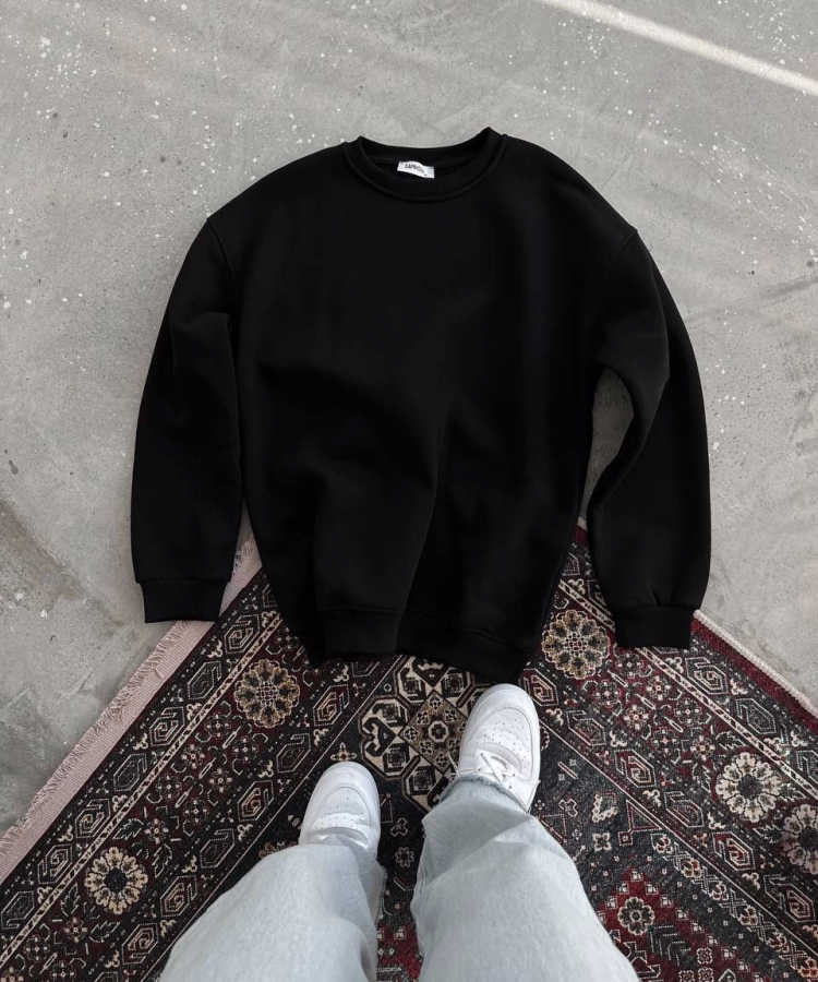 Kışlık Bisiklet Yaka Üç İplik Basic SweatShirt - Siyah