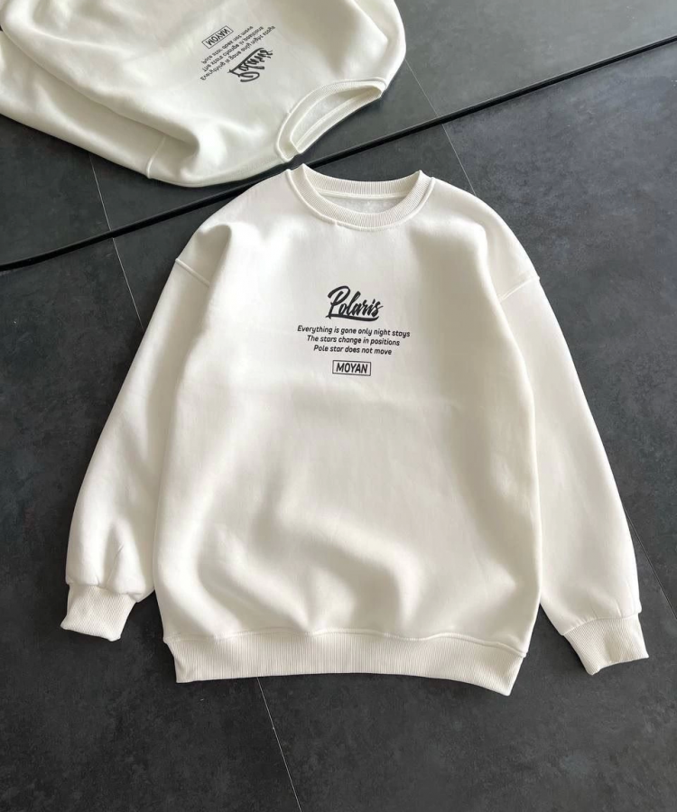 Kışlık Bisiklet Yaka Ön Ve Arka Baskılı SweatShirt - Beyaz