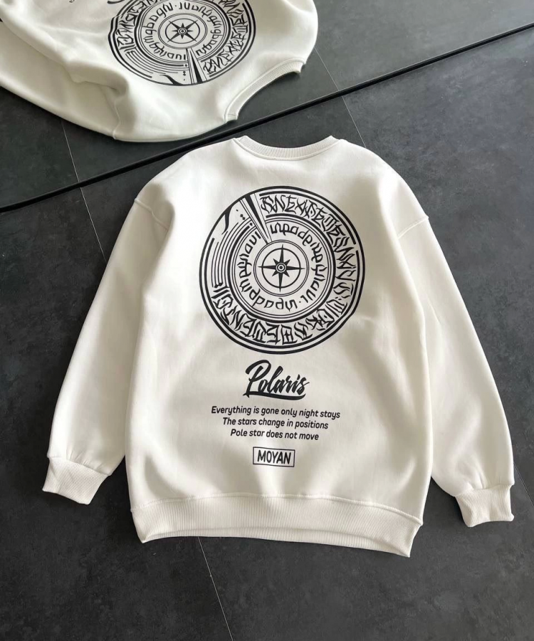 Kışlık Bisiklet Yaka Ön Ve Arka Baskılı SweatShirt - Beyaz