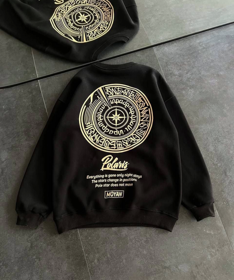 Kışlık Bisiklet Yaka Ön Ve Arka Baskılı SweatShirt - Siyah