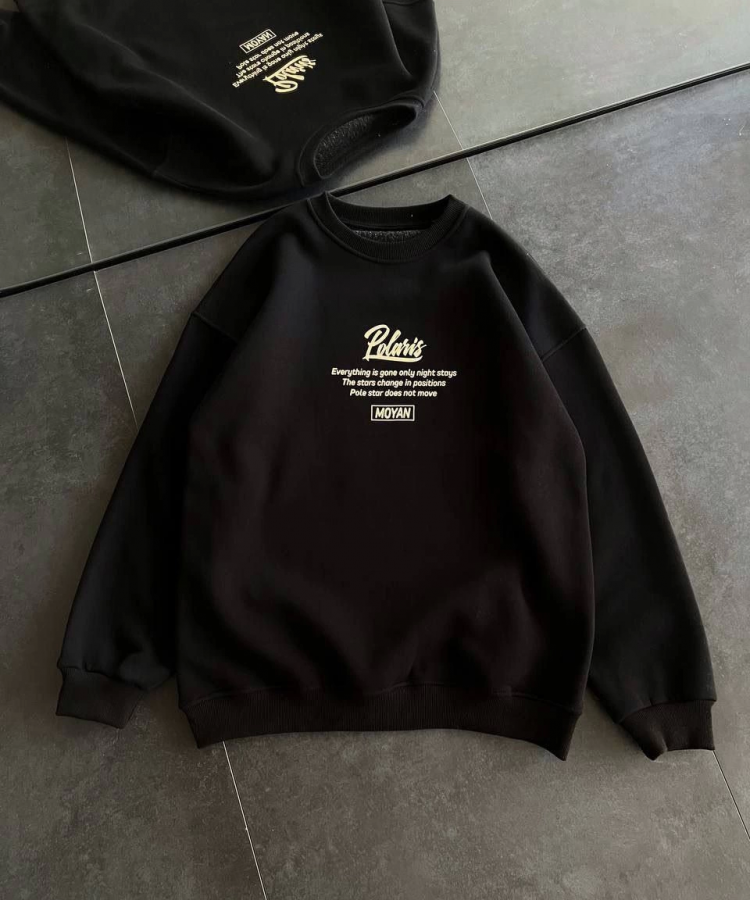 Kışlık Bisiklet Yaka Ön Ve Arka Baskılı SweatShirt - Siyah