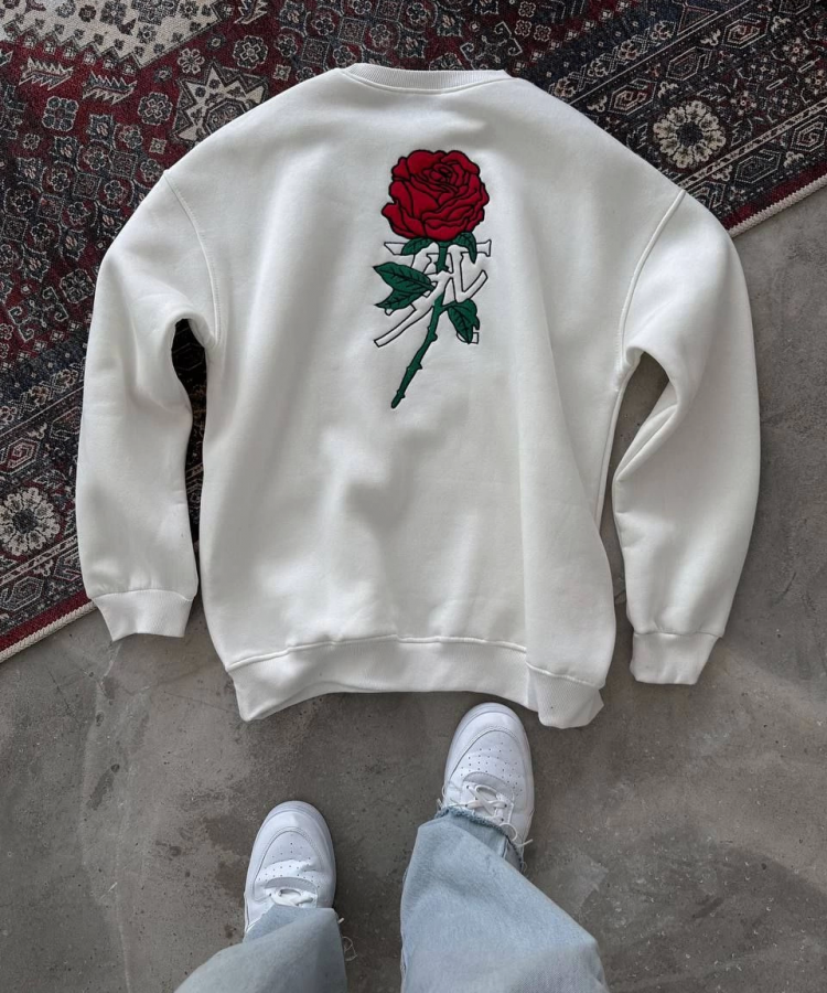 Oversize Üç İplik Bisiklet Yaka Baskılı SweatShirt - Beyaz