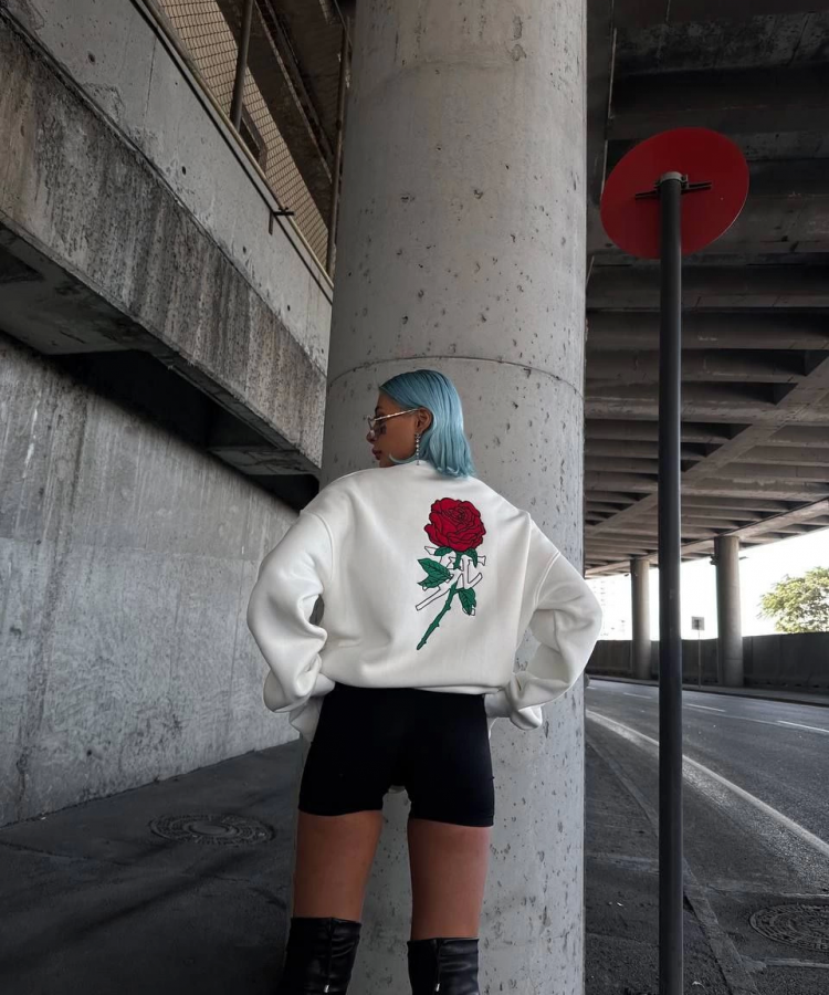 Oversize Üç İplik Bisiklet Yaka Baskılı SweatShirt - Beyaz