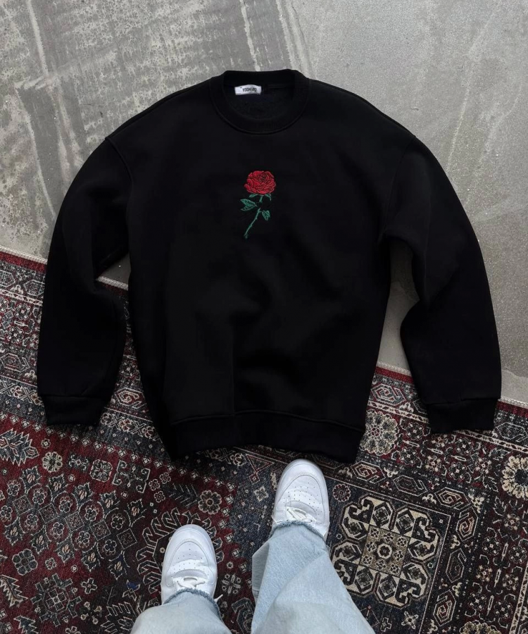 Oversize Üç İplik Bisiklet Yaka Baskılı SweatShirt - Siyah