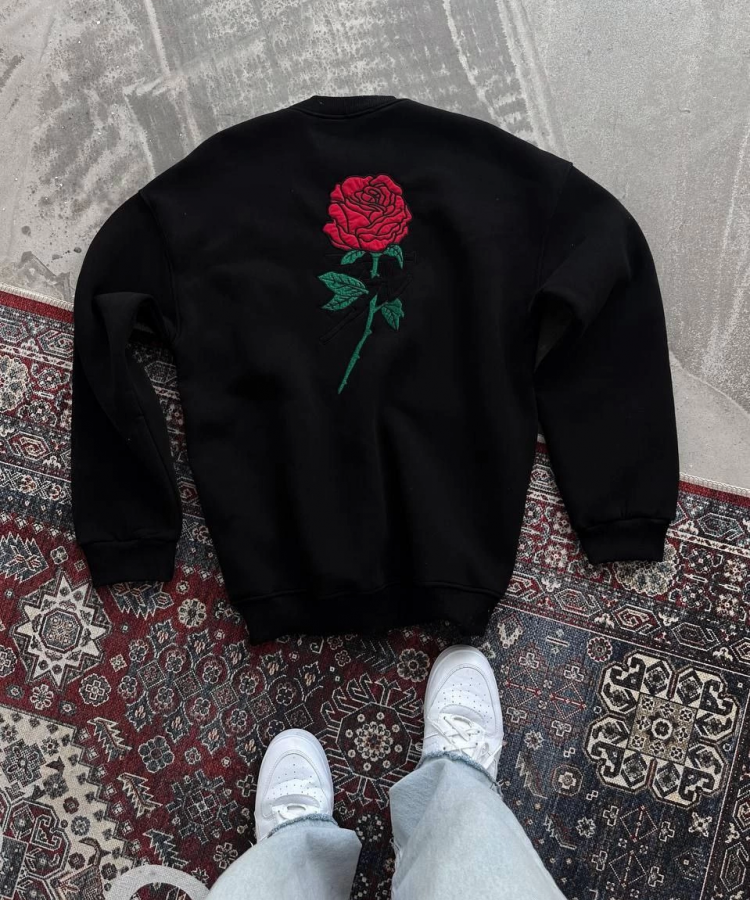 Oversize Üç İplik Bisiklet Yaka Baskılı SweatShirt - Siyah