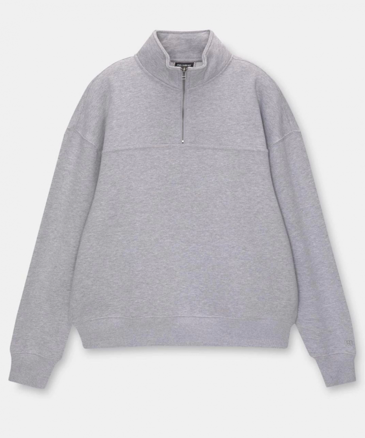 Oversize Yarım Farmuarlı Yakalı Basic SweatShirt - Gri