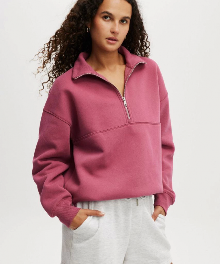 Oversize Yarım Farmuarlı Yakalı Basic SweatShirt - Gül Kurusu