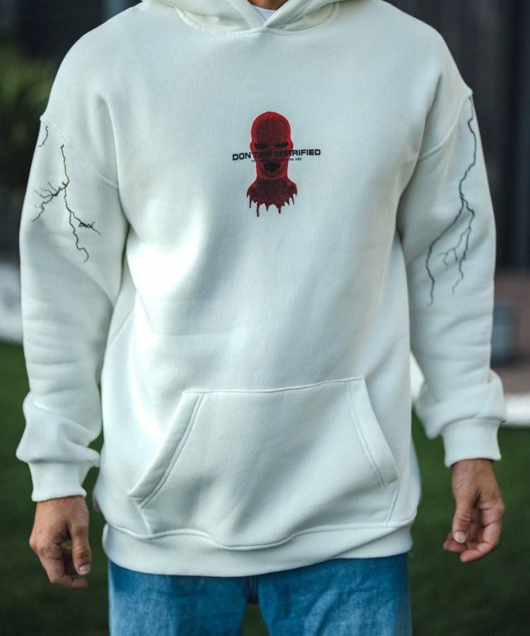 Üç İplik Kapşonlu Baskılı Oversize SweatShirt- Beyaz