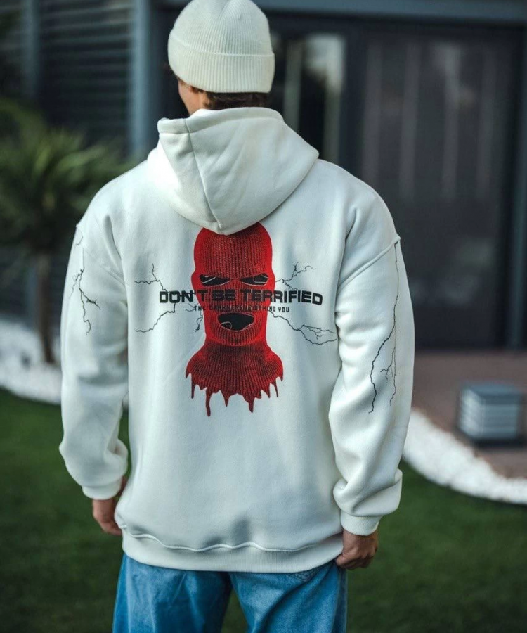 Üç İplik Kapşonlu Baskılı Oversize SweatShirt- Beyaz