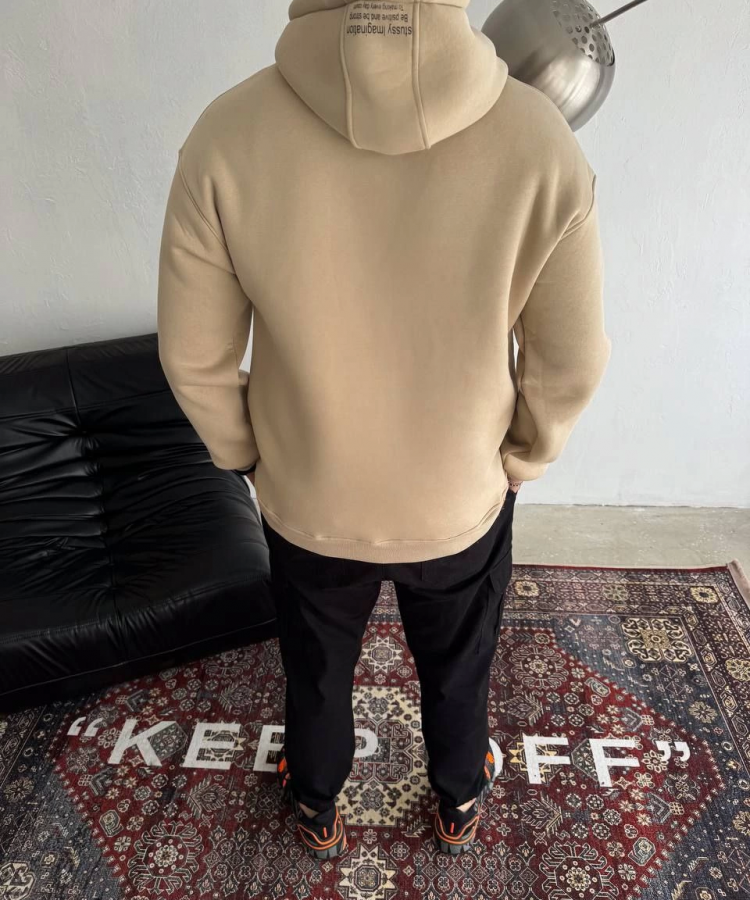 Üç İplik Kapşonlu Baskılı SweatShirt - Bej