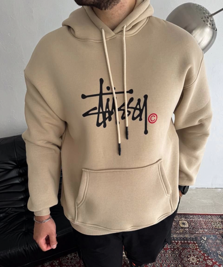 Üç İplik Kapşonlu Baskılı SweatShirt - Bej