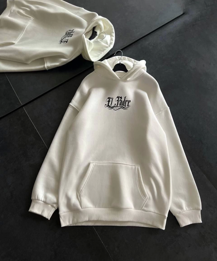 Üç İplik Penye Uzun Kol Kapşonlu Baskılı SweatShirt - Beyaz