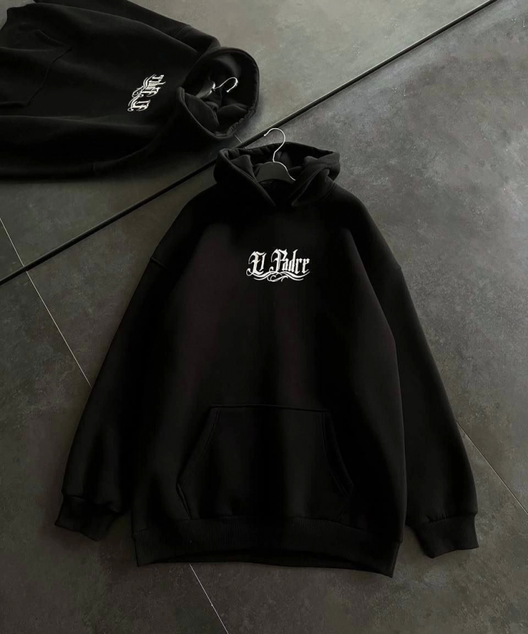 Üç İplik Penye Uzun Kol Kapşonlu Baskılı SweatShirt - Siyah