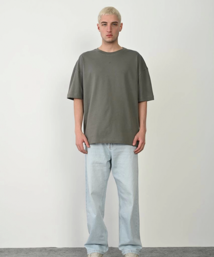 Unisex Basic Bisiklet Yaka Oversize T-Shirt - Füme