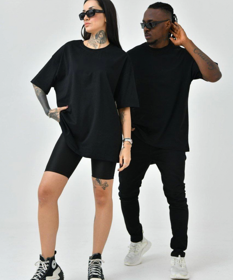 Unisex Basic Bisiklet Yaka Oversize T-Shirt - Siyah