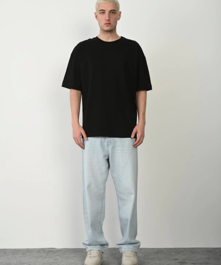 Unisex Basic Bisiklet Yaka Oversize T-Shirt - Siyah